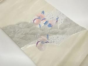 プラチナ箔鴛鴦に波・花々模様織出し名古屋帯